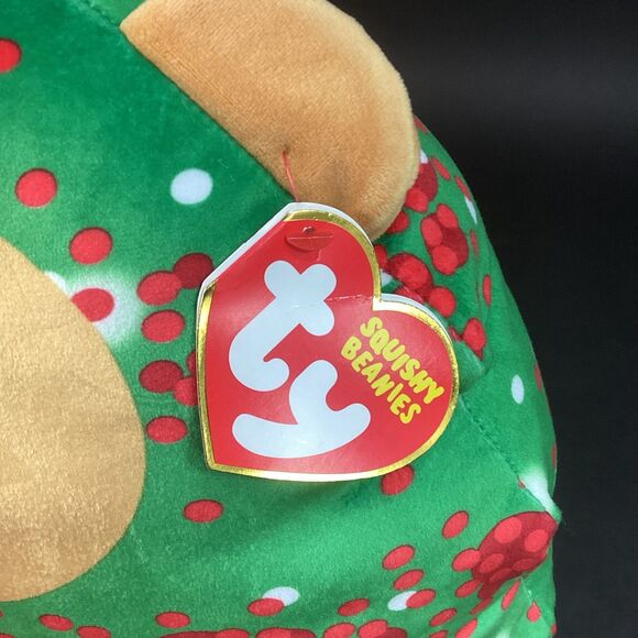 TY Squishy Beanies Everett - Puppy Dog Christmas - With Tag - Tan/Green w/Spots - Picture 6 of 8